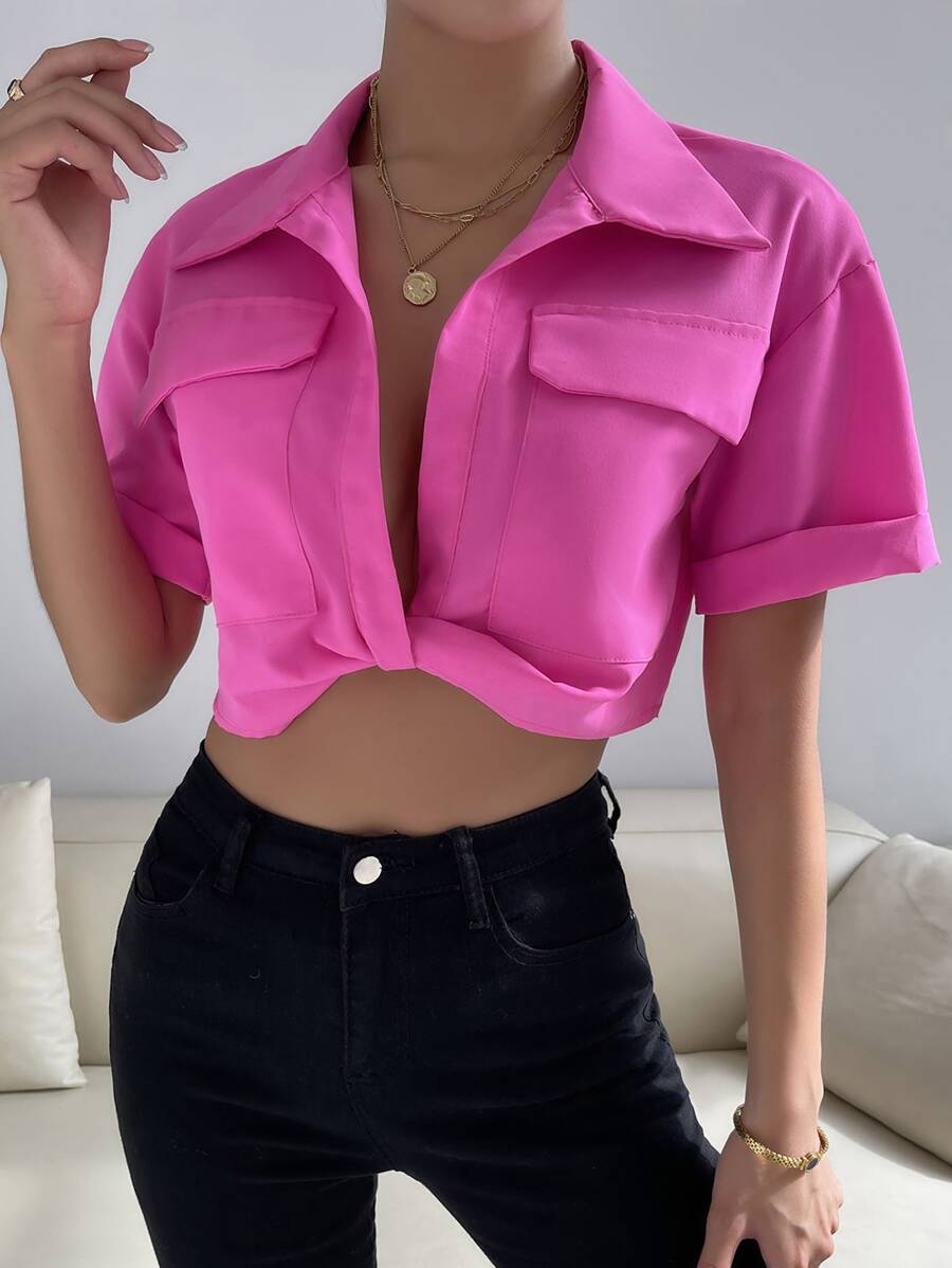 SHEIN Privé Áo sơ mi nữ xoắn lại màu trơn Giải trí - Màu Hồng Tươi - Xem 1