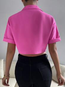 SHEIN Privé Áo sơ mi nữ xoắn lại màu trơn Giải trí - Màu Hồng Tươi - Xem 2