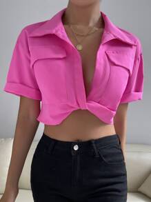 SHEIN Privé Áo sơ mi nữ xoắn lại màu trơn Giải trí - Màu Hồng Tươi - Xem 3