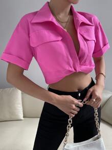 SHEIN Privé Áo sơ mi nữ xoắn lại màu trơn Giải trí - Màu Hồng Tươi - Xem 5