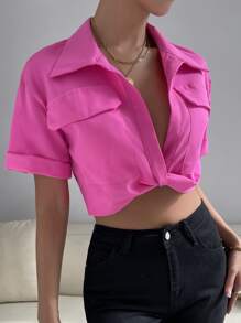 SHEIN Privé Áo sơ mi nữ xoắn lại màu trơn Giải trí - Màu Hồng Tươi - Xem 6