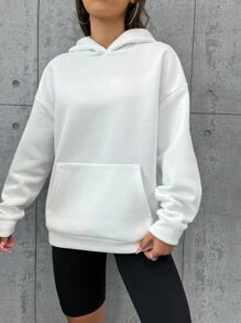 SHEIN Unity Slogan & Cartoon Kangaroo Pocket Drop Shoulder Hooded Pullover - White - View 3