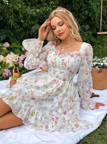 Vestido con estampado floral bajo con fruncido - Multicolor - Ver 3