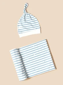 Bộ chăn và mũ 2 sọc in hình trẻ em - Xanh và trắng - Xem 1