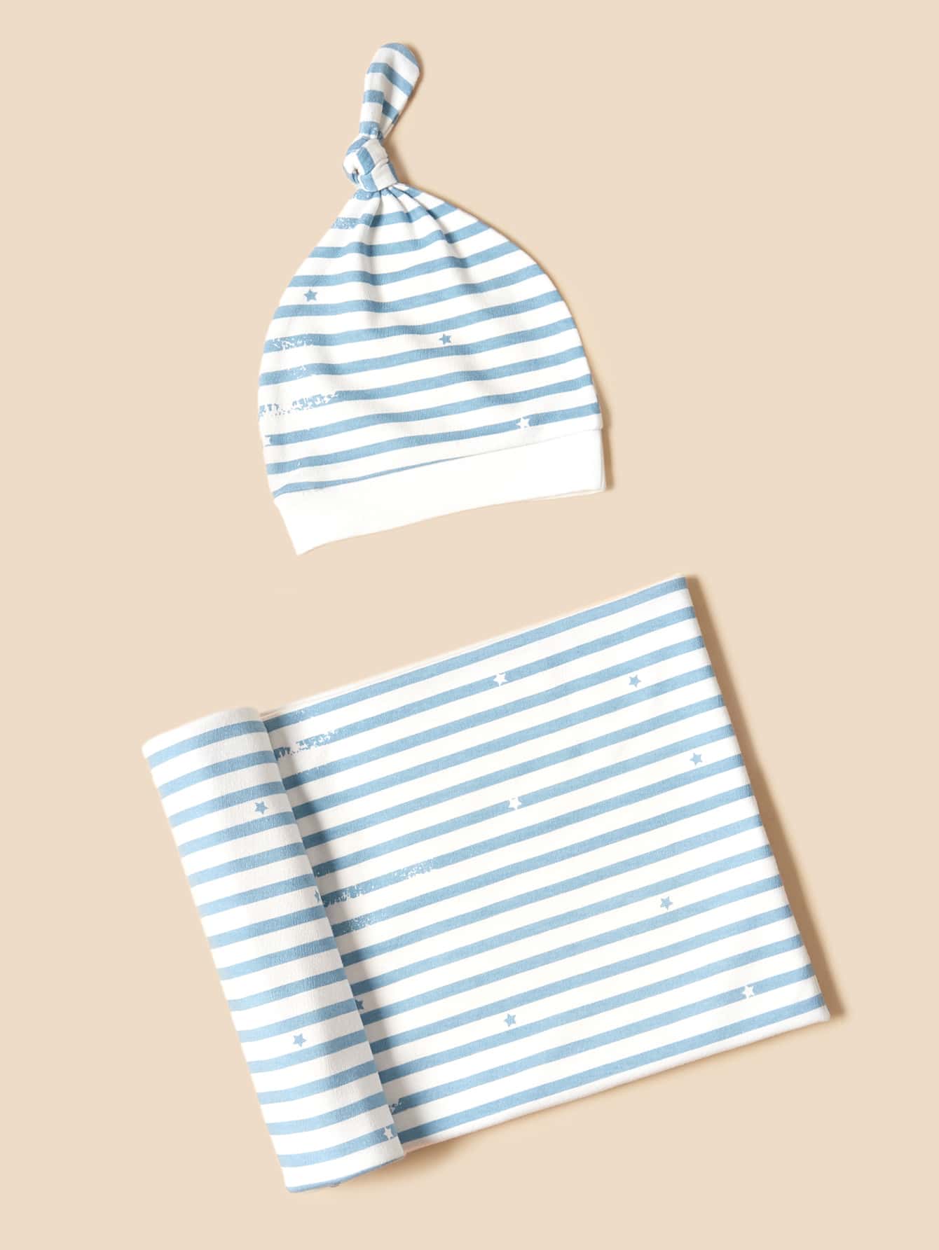 Bộ chăn và mũ 2 sọc in hình trẻ em - Xanh và trắng - Xem 1