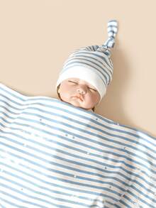 Bộ chăn và mũ 2 sọc in hình trẻ em - Xanh và trắng - Xem 2