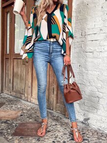 SHEIN LUNE 條紋印花V領襯衫 - 彩色 - 查看 3