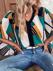 SHEIN LUNE 條紋印花V領襯衫 - 彩色 - 查看 4