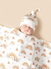1 套印花婴儿襁褓毯（带帽子）、柔软舒适的婴儿襁褓包 - 彩色 - 查看 2