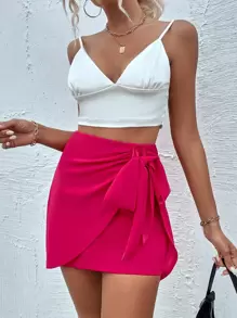 Chiquease Falda unicolor cruzado con nudo con cremallera trasera - Rosa Fucsia - Ver 6