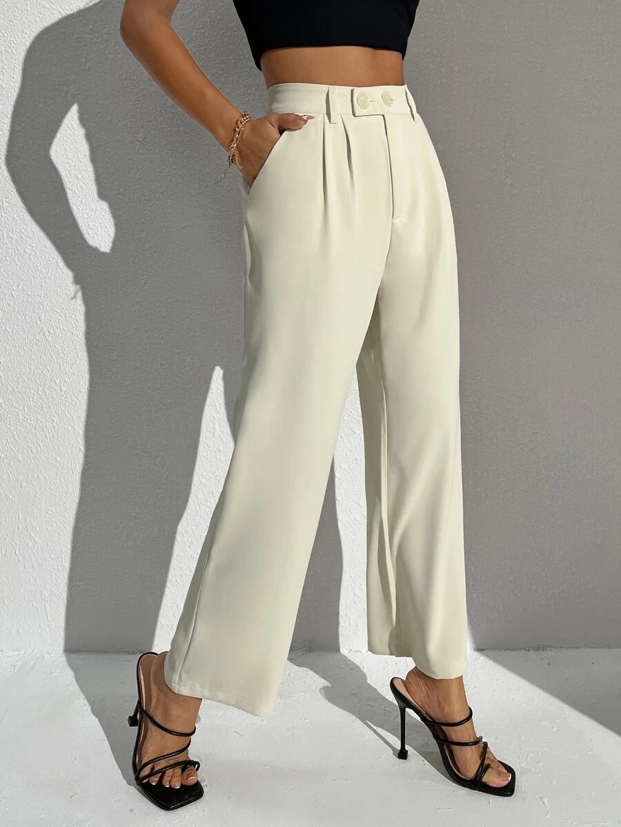 SHEIN PETITE Pantalon à taille haute avec détail plissé - Nude - Voir 1