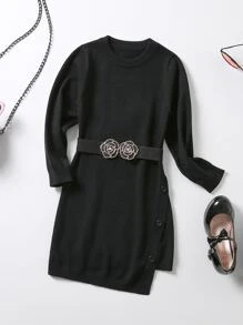 Toddler Girls Button Detail Fitted Jumper Dress - Black - View 1