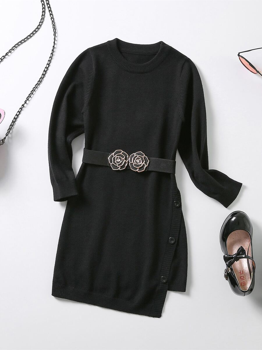 Toddler Girls Button Detail Fitted Jumper Dress - Black - View 1