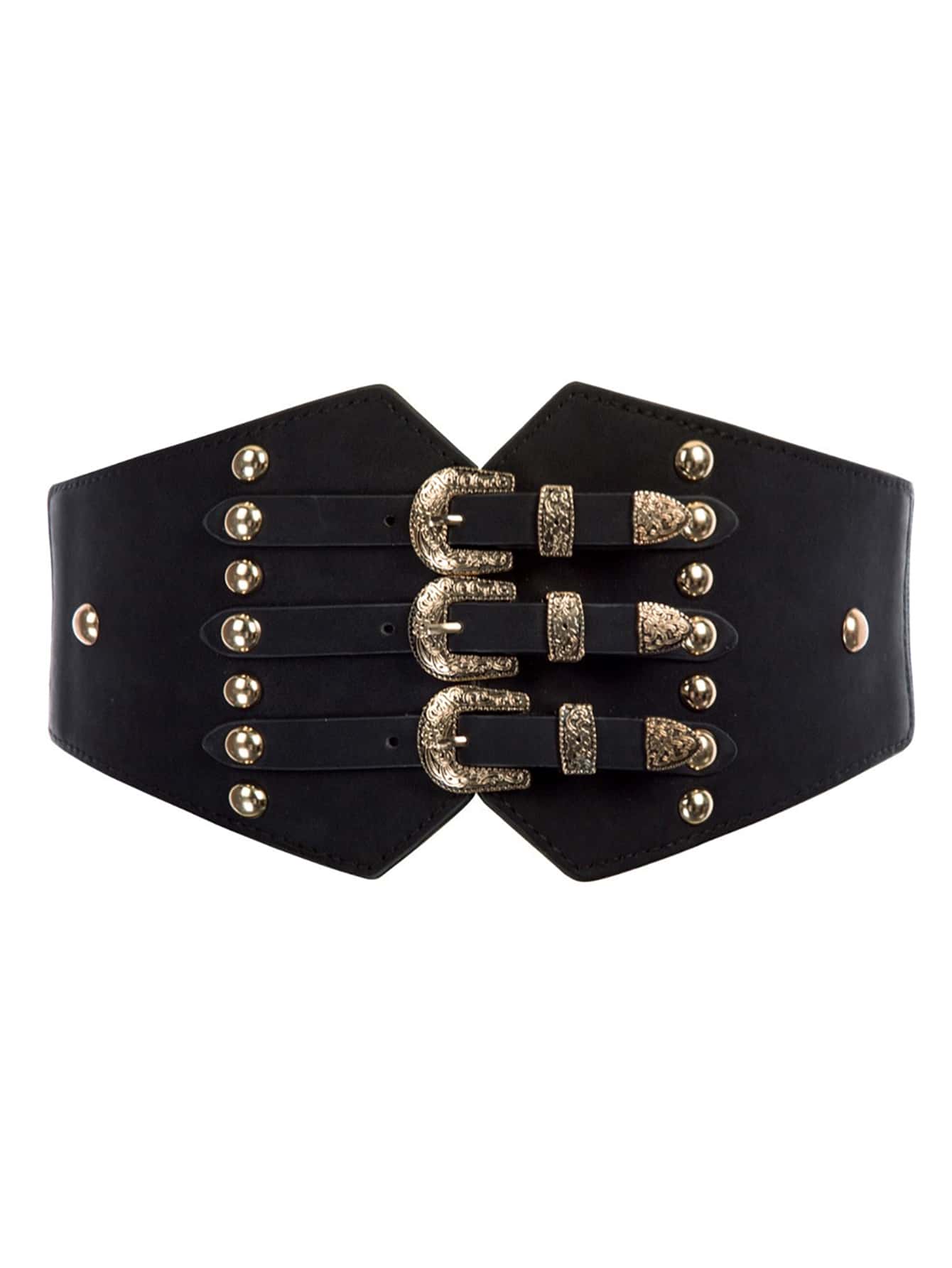 Studded Decor Triple Buckle Corset Belt - Black - View 1