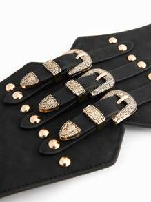 Studded Decor Triple Buckle Corset Belt - Black - View 4