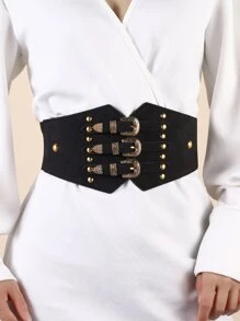 Studded Decor Triple Buckle Corset Belt - Black - View 3