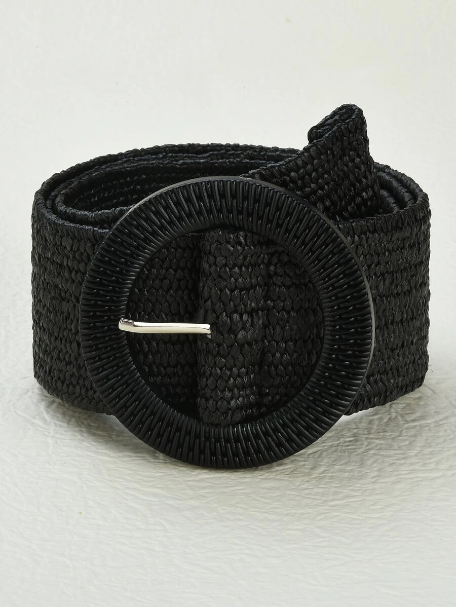 1pc Bohemian Style Elastic Waist Belt, Woven Straw Buckle Decor, Suitable For Women Dresses - Black - View 1