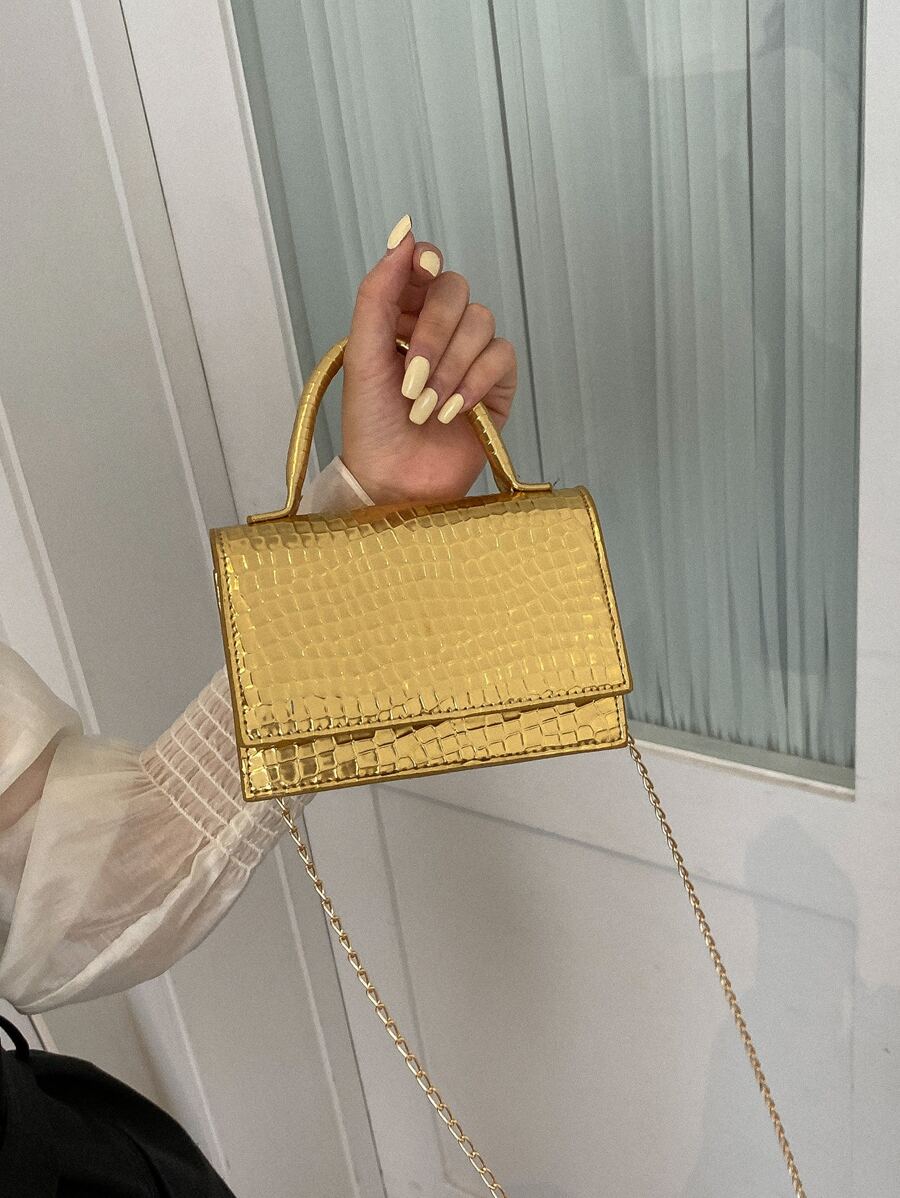 Solid Color, Mini, Fashionable PU, Branded, Elegant, Geometric Pattern Handbag - Gold - View 1