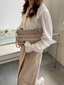 Woven Chevron Pattern Straw Bag With Wristlet For Festivals/Vacation/Holiday, Perfectly Matching With Vacation Outfits Women, Summer Straw Beach Bag For Women, Hottest Beach Bags For Women, Fashion Summer Vacation Bag, Beach Essentials Women Bags For Vacation & Holiday, Newest Holiday Bag