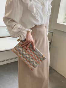 Woven Chevron Pattern Straw Bag With Wristlet For Festivals/Vacation/Holiday, Perfectly Matching With Vacation Outfits Women, Summer Straw Beach Bag For Women, Hottest Beach Bags For Women, Fashion Summer Vacation Bag, Beach Essentials Women Bags For Vacation & Holiday, Newest Holiday Bag