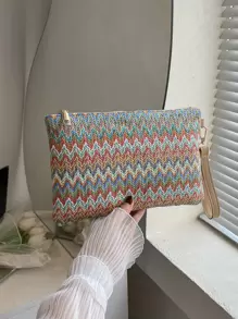 Woven Chevron Pattern Straw Bag With Wristlet For Festivals/Vacation/Holiday, Perfectly Matching With Vacation Outfits Women, Summer Straw Beach Bag For Women, Hottest Beach Bags For Women, Fashion Summer Vacation Bag, Beach Essentials Women Bags For Vacation & Holiday, Newest Holiday Bag