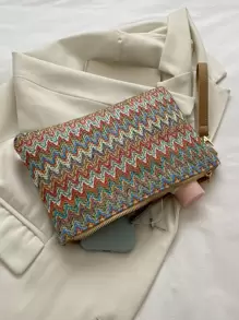 Woven Chevron Pattern Straw Bag With Wristlet For Festivals/Vacation/Holiday, Perfectly Matching With Vacation Outfits Women, Summer Straw Beach Bag For Women, Hottest Beach Bags For Women, Fashion Summer Vacation Bag, Beach Essentials Women Bags For Vacation & Holiday, Newest Holiday Bag