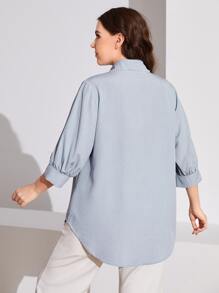 Mulvari Áo sơ mi Plus Size Ngọc trai Túi Nút phía trước màu trơn Thanh lịch - Màu xanh nhạt - Xem 3