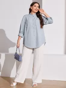 Mulvari Áo sơ mi Plus Size Ngọc trai Túi Nút phía trước màu trơn Thanh lịch - Màu xanh nhạt - Xem 4