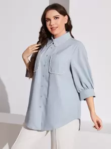 Mulvari Áo sơ mi Plus Size Ngọc trai Túi Nút phía trước màu trơn Thanh lịch - Màu xanh nhạt - Xem 5