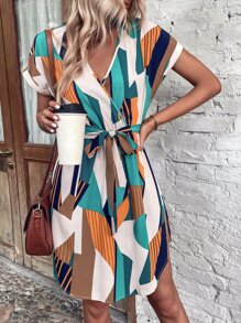 Breezaya 滿版幾何圖案蝙蝠袖繫腰帶連衣裙 - 彩色 - 查看 3