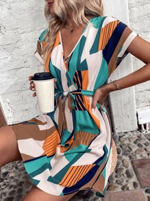 Breezaya 滿版幾何圖案蝙蝠袖繫腰帶連衣裙 - 彩色 - 查看 5