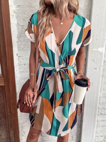 Breezaya 滿版幾何圖案蝙蝠袖繫腰帶連衣裙 - 彩色 - 查看 6