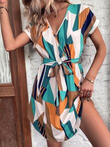 Breezaya 滿版幾何圖案蝙蝠袖繫腰帶連衣裙 - 彩色 - 查看 7