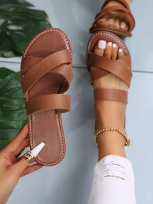 Criss Cross Strap Slide Sandals - Brown - View 1