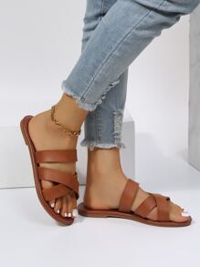 Criss Cross Strap Slide Sandals - Brown - View 2