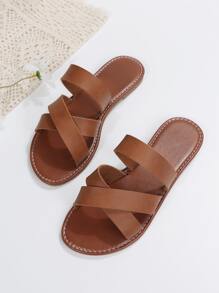Criss Cross Strap Slide Sandals - Brown - View 4