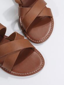 Criss Cross Strap Slide Sandals - Brown - View 5