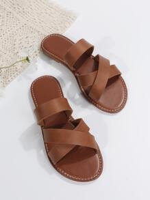 Criss Cross Strap Slide Sandals - Brown - View 6