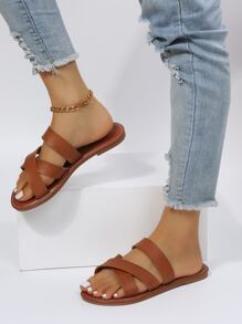 Criss Cross Strap Slide Sandals - Brown - View 7