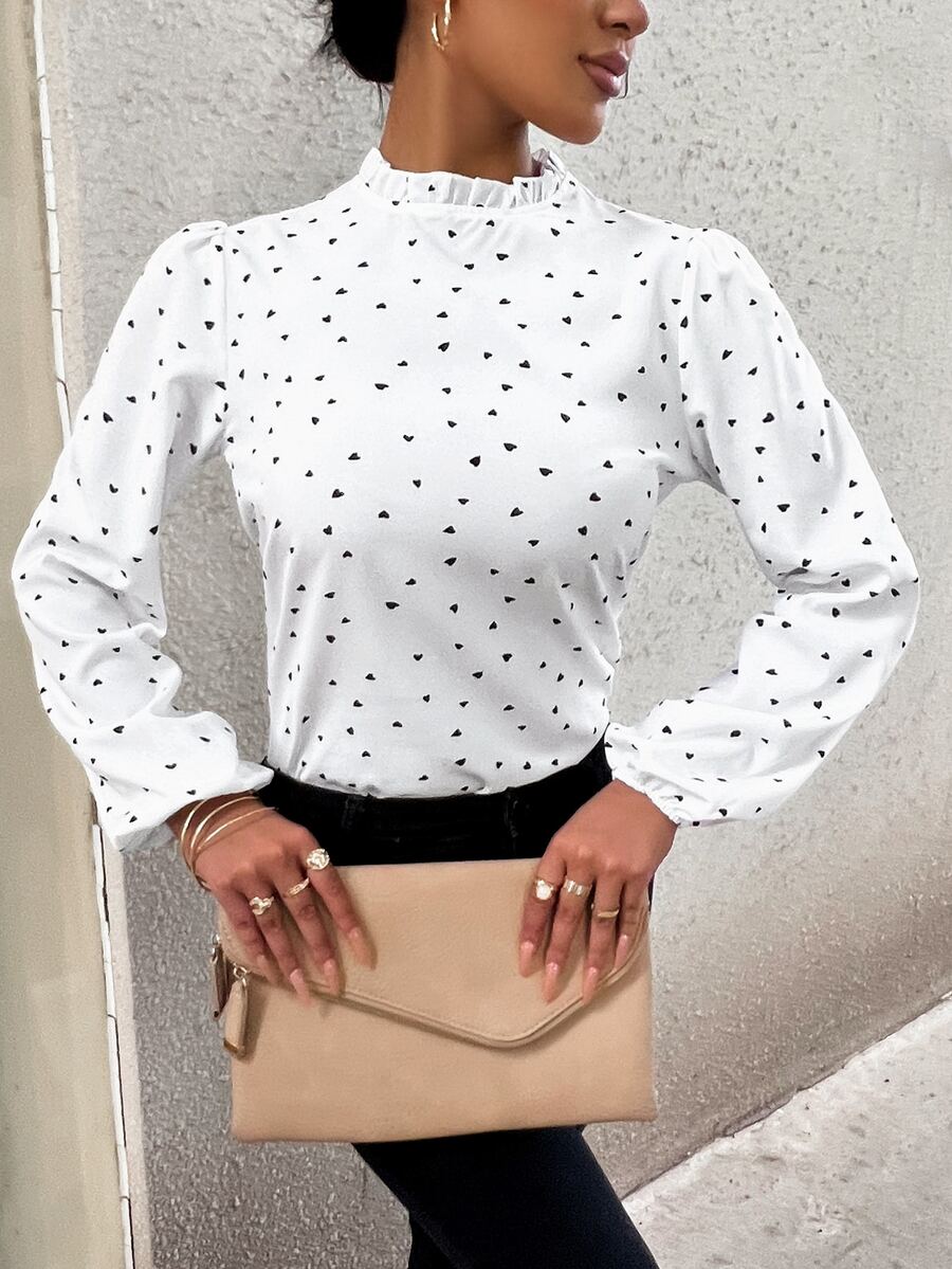 SHEIN LUNE 紙屑愛心圖案燈籠袖木耳邊領襯衫 - 白色 - 查看 1