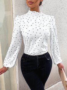 SHEIN LUNE 紙屑愛心圖案燈籠袖木耳邊領襯衫 - 白色 - 查看 5