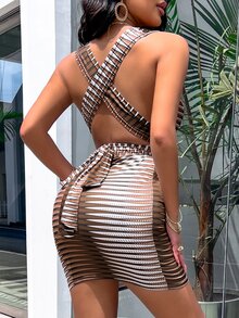 Vestido ajustado al azar con estampado geométrico con tira cruzada con cordón trasero - Multicolor - Ver 2