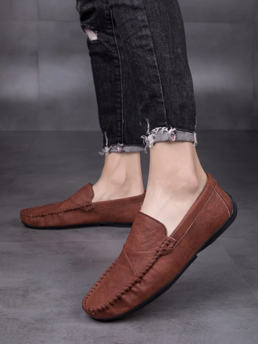 Men Stitch Detail Handmade Loafers - Brown - View 1