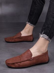 Men Stitch Detail Handmade Loafers - Brown - View 3