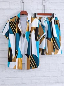 Manfinity Homme Bộ hai mảnh Nam Nút phía trước Khối Màu Sọc Giải trí - Nhiều màu - Xem 1