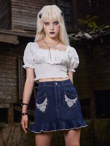 ROMWE Goth Falda con estampado bajo con fruncido - Azul Marino - Ver 5