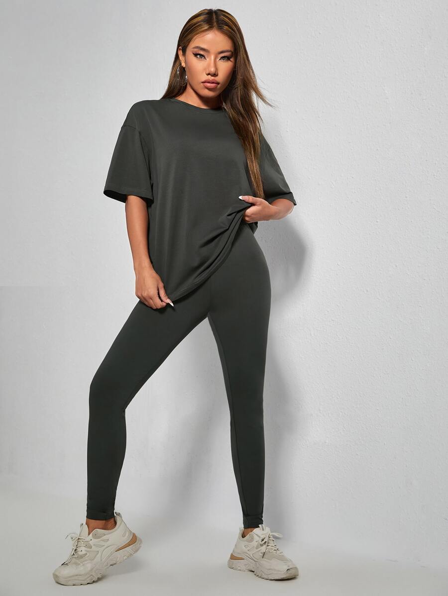 SHEIN PETITE Solid Drop Shoulder Tee & Leggings - Dark Grey - View 1