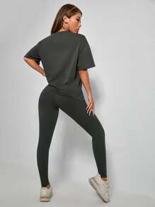 SHEIN PETITE Solid Drop Shoulder Tee & Leggings - Dark Grey - View 2