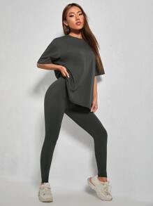 SHEIN PETITE Solid Drop Shoulder Tee & Leggings - Dark Grey - View 3