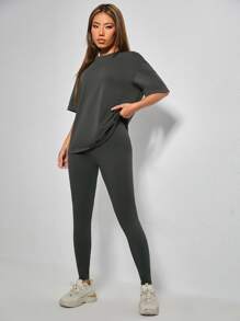 SHEIN PETITE Solid Drop Shoulder Tee & Leggings - Dark Grey - View 4